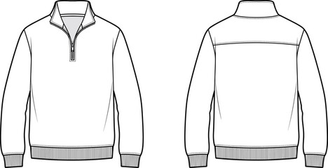 White Line Drawing of a Quarter Zip Pullover Jacket Front and Back zipper front view © Rasel