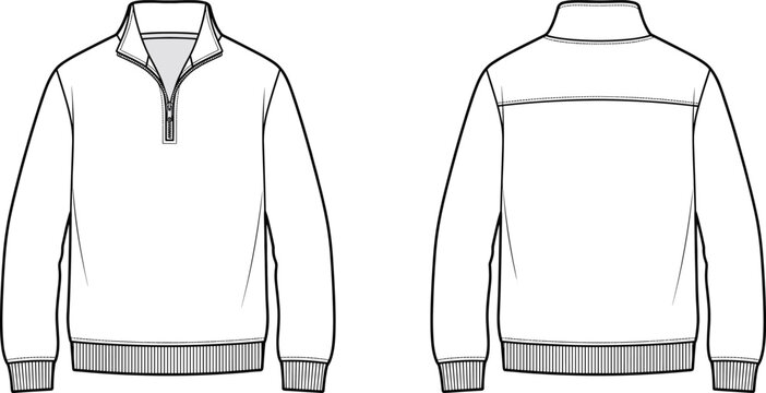 White Line Drawing of a Quarter Zip Pullover Jacket Front and Back zipper front view