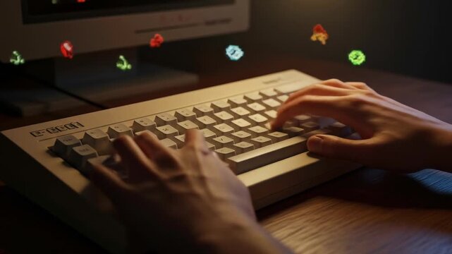 Hands Typing on a Vintage Computer Keyboard with Digital Icons Floating Above.