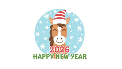 Fototapeta premium A festive cartoon horse wearing a party hat for the 2026 New Year