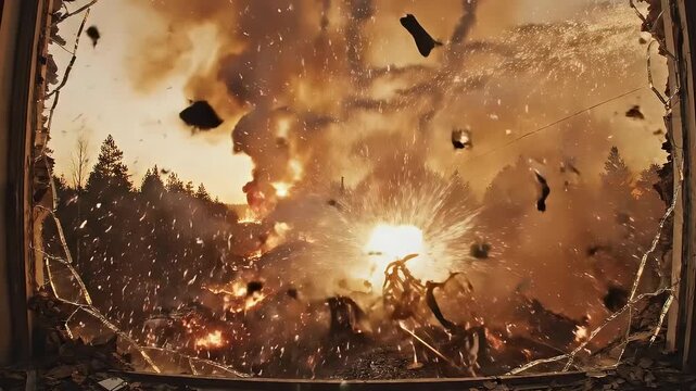 Apocalyptic Scene - Explosions and Destruction Viewed Through Broken TV Screen.