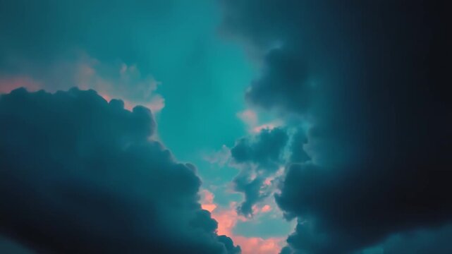 Dark storm clouds creating a striking and colorful atmospheric background, with bright teal and soft peach light breaking through the vibrant patterns