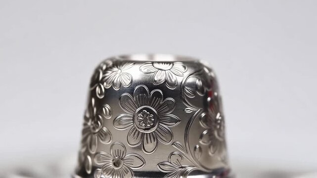 Macro close-up of a beautiful and vintage silver thimble with floral patterns and detail