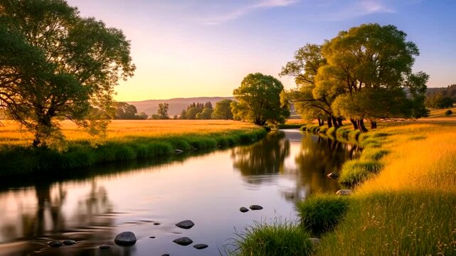 Serene River Landscape with Lush Greenery at Sunset