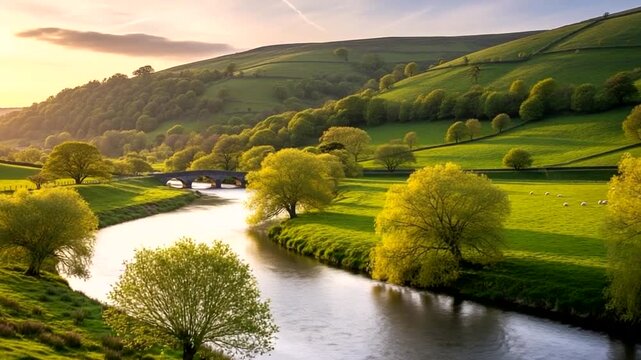 Serene River Landscape with Lush Green Hills