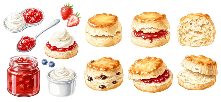 スコーンとクロテッドクリームといちごジャムのイラストセット