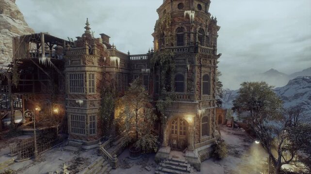 stone stairway lit by amber lanterns. narrow balustrade curling toward turret entrance, dusted steps, steam from nearby basin, messenger story implied