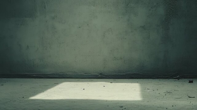 Empty room floor featuring a concrete wall and a bright square patch of light illuminating the dusty surface, creating a stark, minimalist, and conceptual background for various design needs