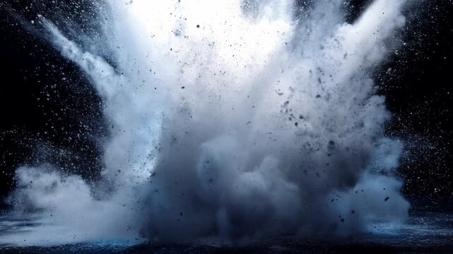Black cloud particles with white powder burst concept. A dynamic explosion of white powder against a black background.