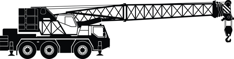 Mobile crane truck silhouette vector illustration showing heavy construction lifting machinery with telescopic lattice boom and hook isolated © Ideasy Mind