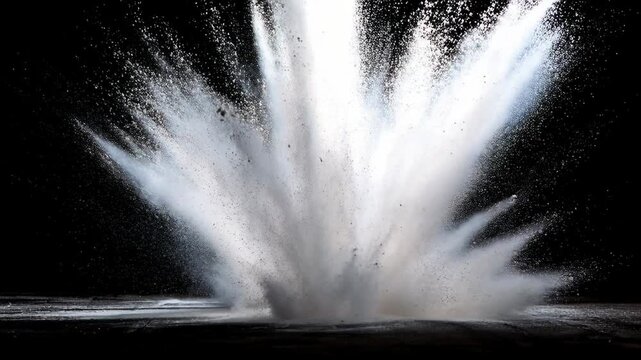 Black cloud particles with white powder burst concept. A dynamic explosion of powder creating a striking visual effect against a dark backdrop.