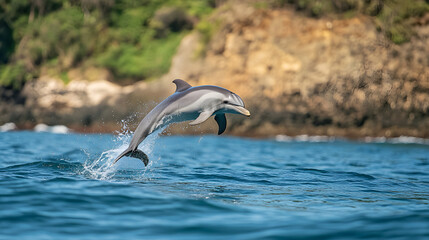 Fototapeta premium Dolphin jumping out of ocean water with splashing waves