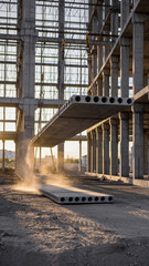 Fototapeta premium Construction site with steel pipes and a partially built framework.