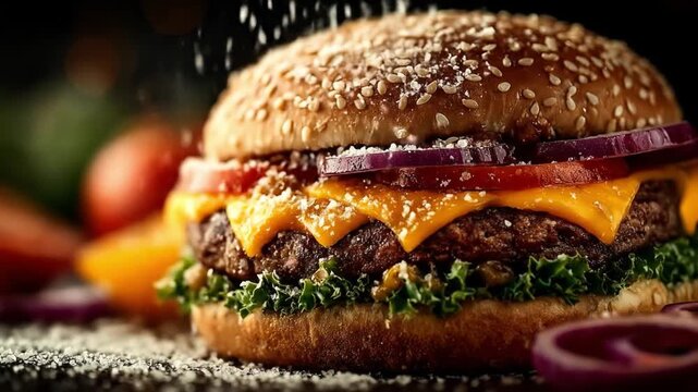 Delicious burger with sesame bun and fresh vegetables close up