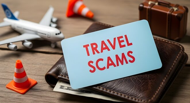 A travel scams card rests on a wallet with cash, featuring a small airplane model and traffic cones in the background suggesting vacation dangers.