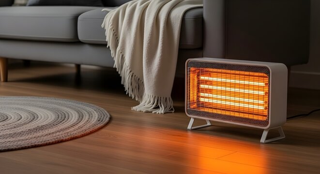 Portable electric radiant space heater glowing warmly on a wooden floor next to a cozy sofa with a soft fringed throw blanket providing essential supplemental heat during cold winter months indoors.