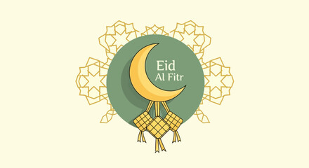 Minimalist Illustration Eid Al Fitr Crescent Moon and Ketupat Food Decoration