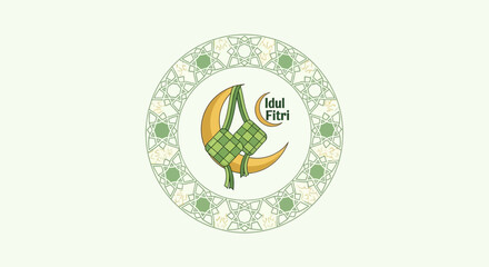 Modern Illustration Ketupat with Crescent Moon and Islamic Pattern for Eid