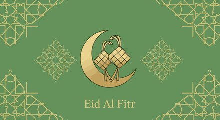 Elegant Golden Ketupat Decoration on Moon for Eid Al Fitr Illustration
