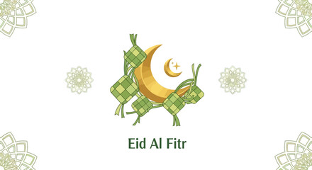 Decorative Islamic Eid Al Fitr Illustration with Ketupat and Crescent Moon