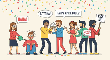 Flat Style Cheerful People Making Pranks for April Fools Day Illustration