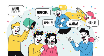 Flat Line Illustration Group of People Celebrating April Fool's Day