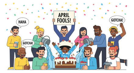 Colorful Line Art April Fools Prank Celebration with Diverse People Illustration