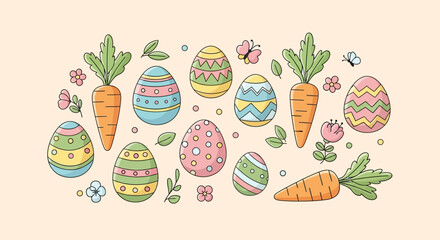 Cute Handdrawn Pastel Easter Egg and Carrot Pattern Spring Illustration