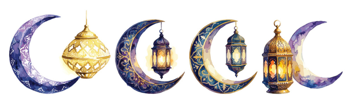 Watercolor crescent moons with ornate Islamic lanterns, festive Ramadan decorations