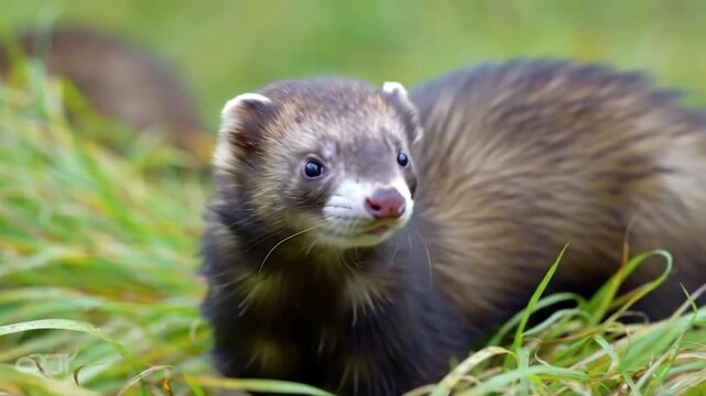 European Polecat in Natural Habitat Closeup.