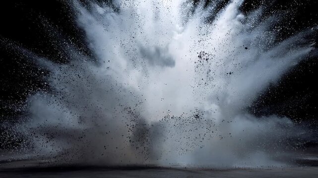 Black cloud particles with white powder burst concept. A dramatic explosion of white powder against a dark background.