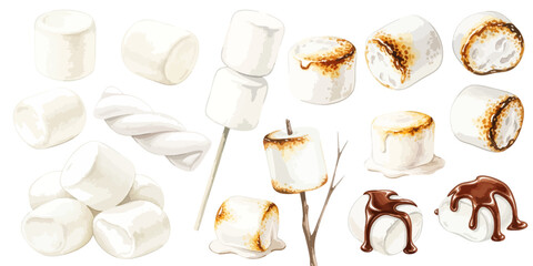 マシュマロと焼きマシュマロのイラスト素材セット スモアやキャンプデザートの調理工程