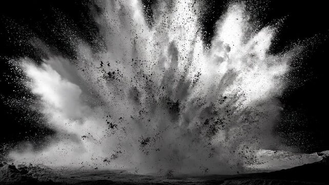 Black cloud particles with white powder burst concept. The image showcases an explosion of fine white powder against a dark backdrop.