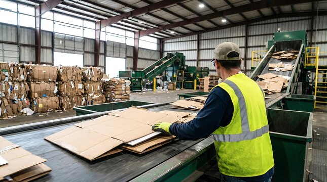 Man sorting cardboard on conveyor belt in recycling center. Waste management and environmental sustainability concept for resource recovery.