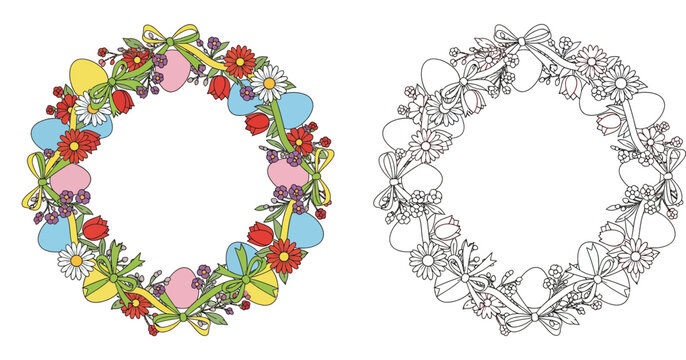 Easter wreath vector illustration with eggs, spring flowers, and ribbons. Round border set with colorful and black and white outline versions for coloring book page or greeting card design.