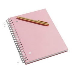 Pink spiral notebook with gold pen isolated on white background