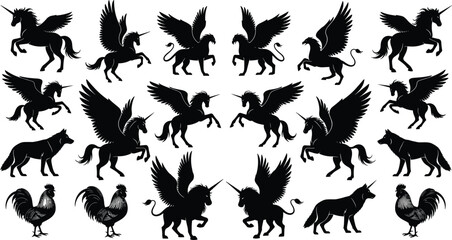 Obraz premium Fantasy animal silhouette collection featuring winged unicorns griffins wolves and roosters in dynamic poses black vector illustration set