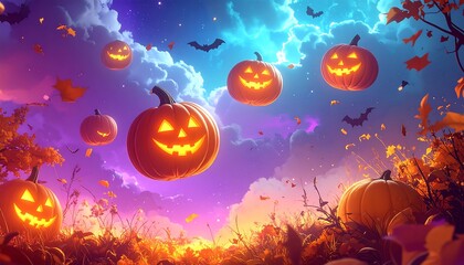 A vibrant, dreamlike autumn scene featuring illuminated jack-o'-lanterns floating amidst falling leaves and silhouettes of bats under a sunset sky