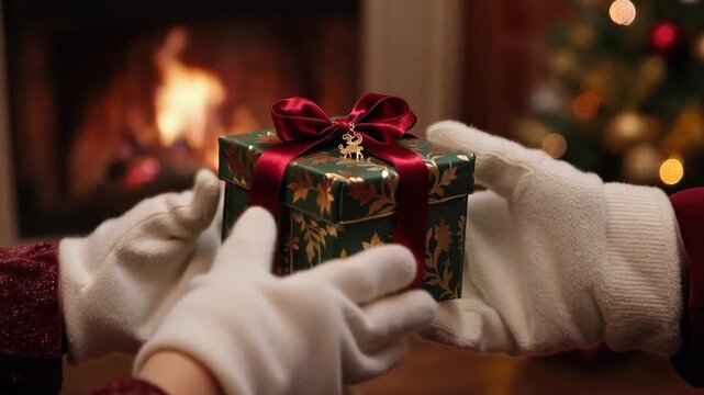 Santa Hands Giving Present Box for New Year near Christmas Tree and Fireplace