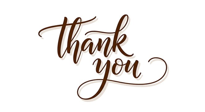 Elegant brown cursive thank you message on isolated white background with decorative swirls