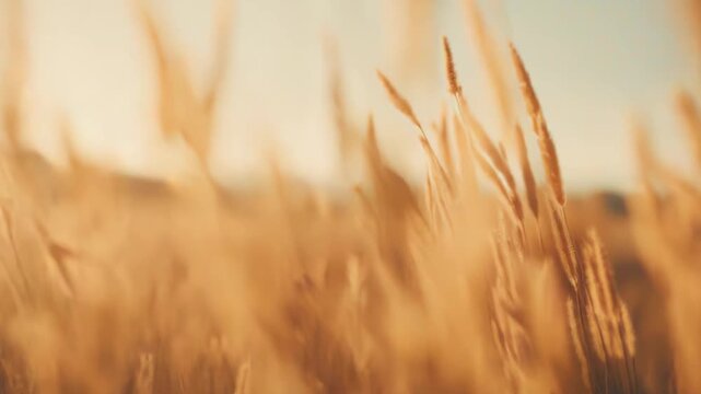 Dry golden grass field swaying in soft evening light at golden hour, warm, tranquil rural landscape with ample copy space and textured bokeh for nature or background use