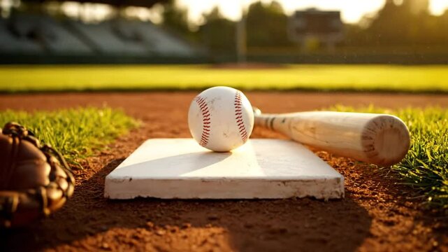 Baseball game setup with ball, bat, and glove on home plate in the late afternoon sun