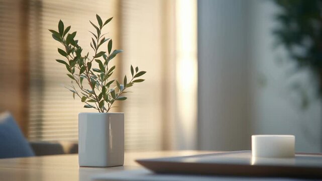 Fresh green houseplant in a minimalist white pot on a wooden table, warm sunlight filtering through blinds, creating a calm, cozy indoor scene of modern home comfort