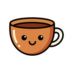 A smiling cartoon coffee cup with a happy face, filled with coffee, on a plain white background, viewed from the front.