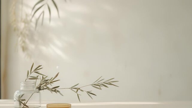 Olive branch in a clear glass vase next to an amber container on a white table, creating a serene minimalist composition with natural light and soothing shadows