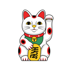 Maneki Neko illustration sitting with raised paw holding a gold coin symbolizing good fortune and prosperity