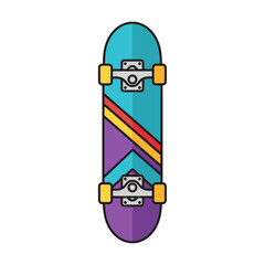 A skateboard with colorful design viewed from above on a transparent background
