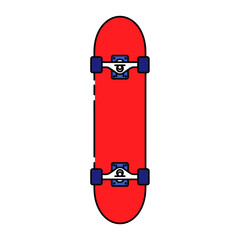 A red skateboard viewed from directly above on a transparent background with trucks and wheels attached