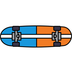 Top view of skateboard with blue and orange deck on white background