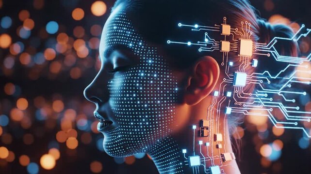 A futuristic digital representation of a human head in profile, showcasing technological integration and innovative design in a dark, neon-lit environment
